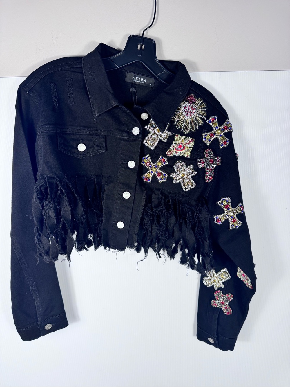 AKIRA Black Distressed Rhinestone Cross Fringe Denim Jacket NWT - Picture 3 of 5